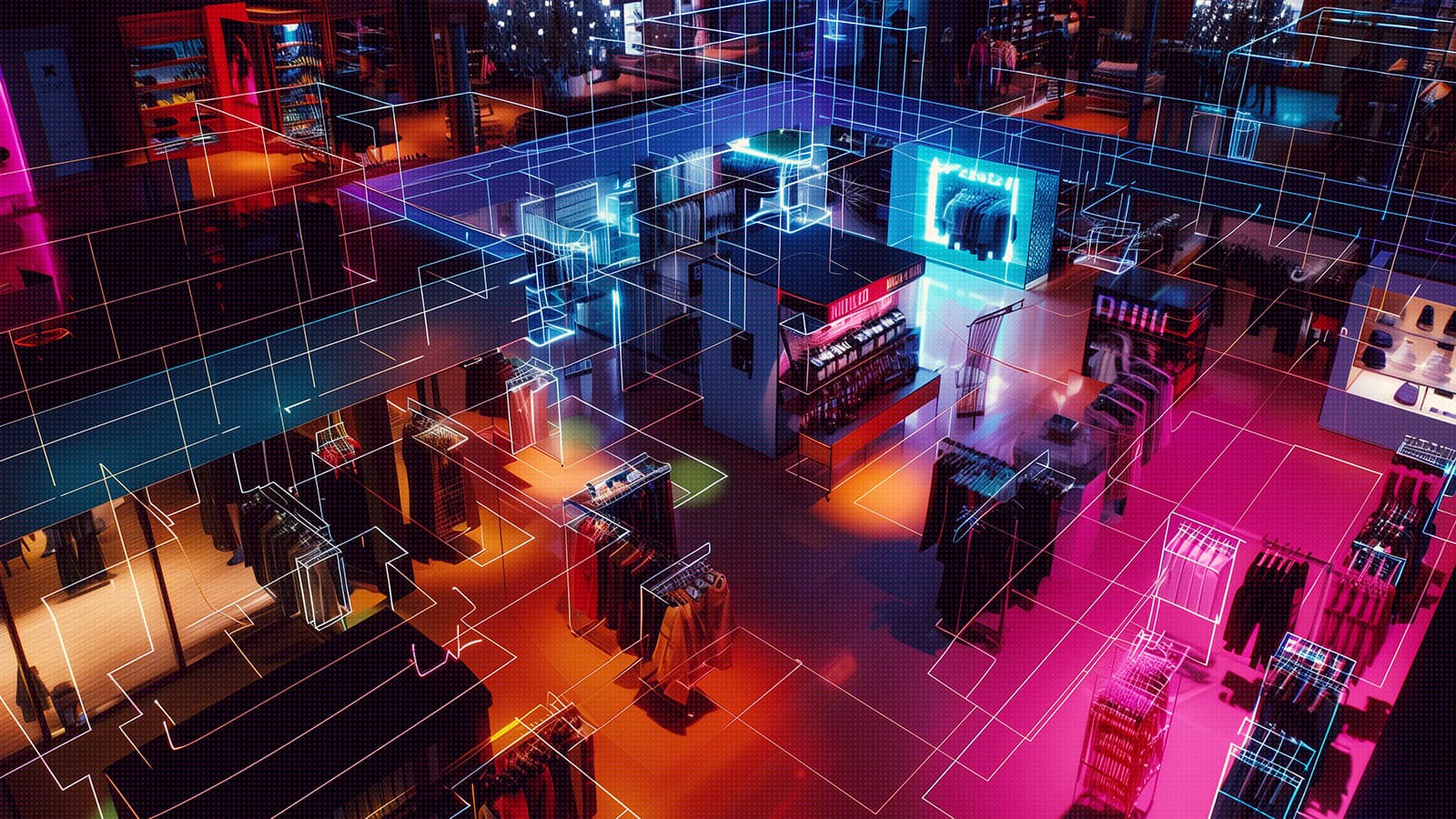 AI generated image from the prompt: an AI-powered, top-down 3D simulation tour of an optimized department store with a wireframe overlay, dramatic lighting --style raw --v 6.0 --ar 17:11
